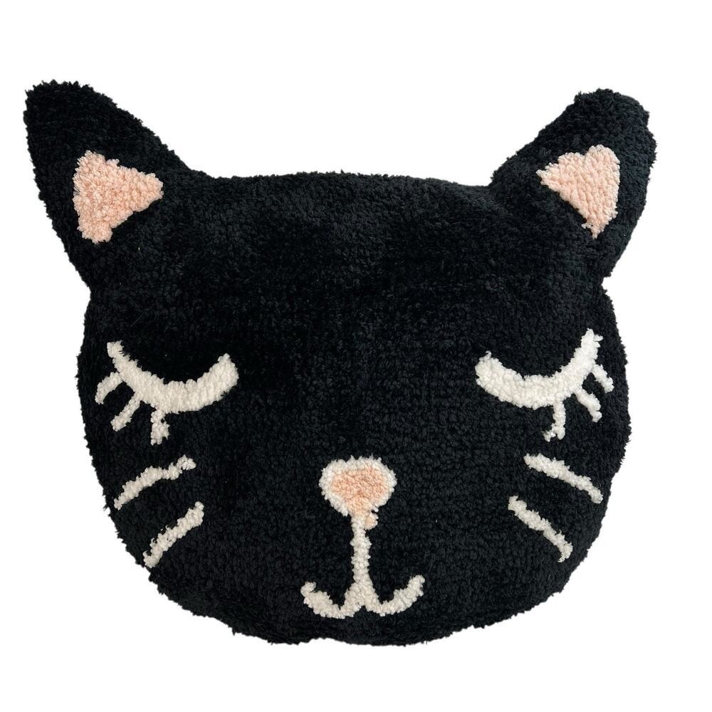 Black Kitty Cat Head Throw Pillow Happy Halloween Sleepy Decor Stuff Face Plush
